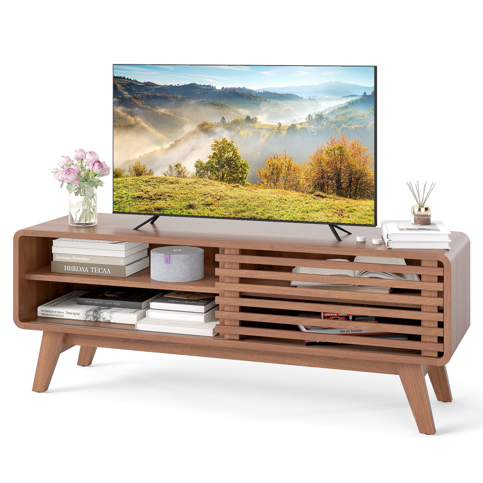 Gymax Meuble TV avec porte coulissante, étagères réglables et pieds en bois caoutchouc pour téléviseurs jusqu'à 55 po