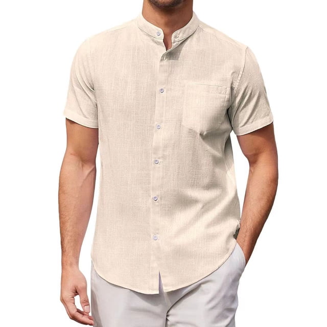 TopLLC Polo pour Homme Chemise en Lin Décontractée Col Officier Manche Courte Chemise Boutonnée