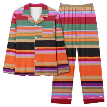 FAIWAD Ensemble de Pyjama à Imprimé Rayé pour Femmes, Manches Longues, Chemise de Nuit Boutonnée et Pantalon Long