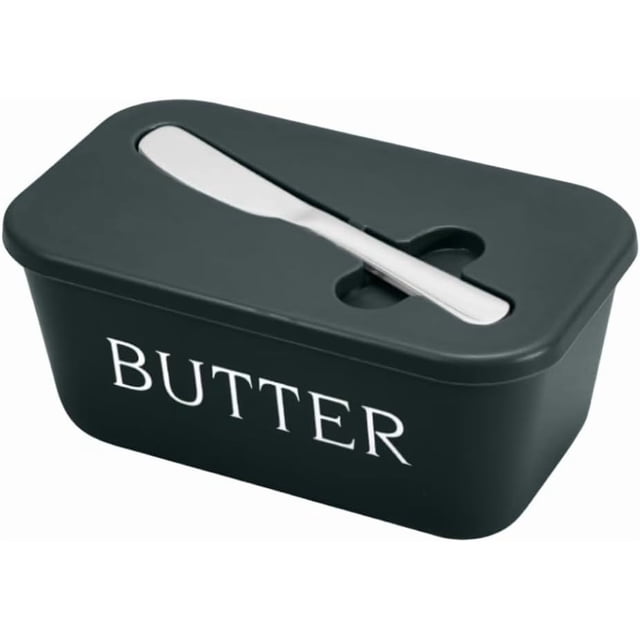 Todaioua Butter Dish with Lid, a large plastic butter keeper container in a dark colour with 'BUTTER' written on the side. The lid features a slot holding a butter knife. Designed for countertop use, it provides sealed storage to lock in freshness and prevent dampness. Suitable for butter, cheese, and other ingredients, it is portable and easy to carry, making it ideal for home kitchens, picnics, and camping.