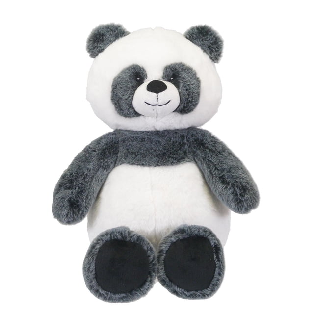 Kid Connection Super Soft Jungle Animal 12''H Panda plush toy featuring a white head with dark gray ears and eye patches, a dark gray body, and embroidered eyes and mouth, made of silky soft two-tone fabric, measuring 12 inches tall, ideal as a cuddly stuffed animal for children.