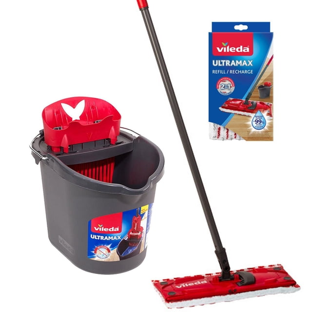 Vileda UltraMax Mop & Bucket System with 1 Extra Mop Refill includes a grey 10L bucket with red hands-free wringer, a black telescopic handle attached to a red rectangular microfibre mop head with PowerZone scrubbing, and a boxed extra refill removing 99% of bacteria on hard floors.