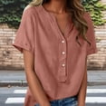 thumbnail image 2 of Floleo T-Shirt à Manches Courtes pour Femmes, Style Lin, Col en V, Boutons devant, Demi-Ouverture, Haut Vintage Classique, Respirant, Confortable, Extensible, Tissu Fin, Printemps Été Automne, Tenue Quotidienne (Rose#1, S), 2 of 7