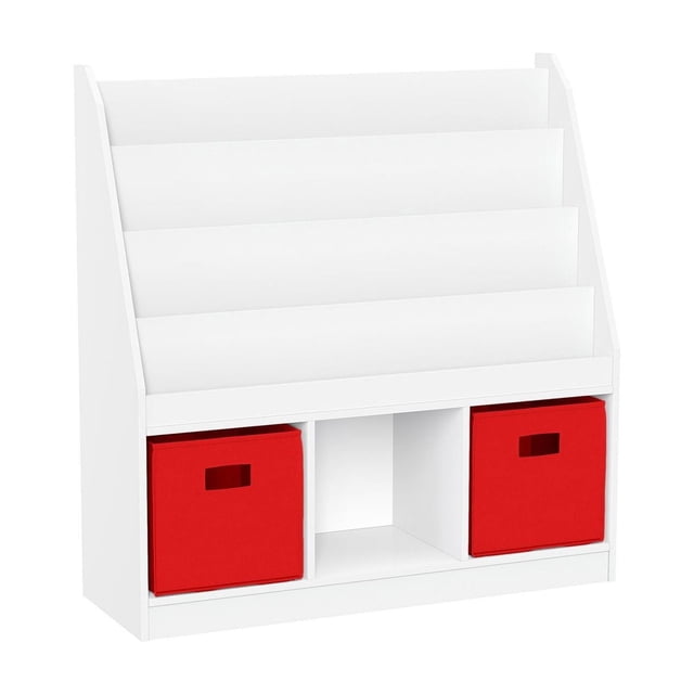 Étagère pour Enfants avec Trois Casiers et 2 Bacs en MDF Peint Blanc, Comprenant Quatre Étagères Horizontales et Trois Casiers Carrés, Deux avec Bacs de Rangement en Tissu Rouge pour Dissimuler le Désordre, Hauteur de 36 Pouces et Conçue pour une Organisation Sécuritaire et Adaptée aux Enfants des Livres et des Jouets.