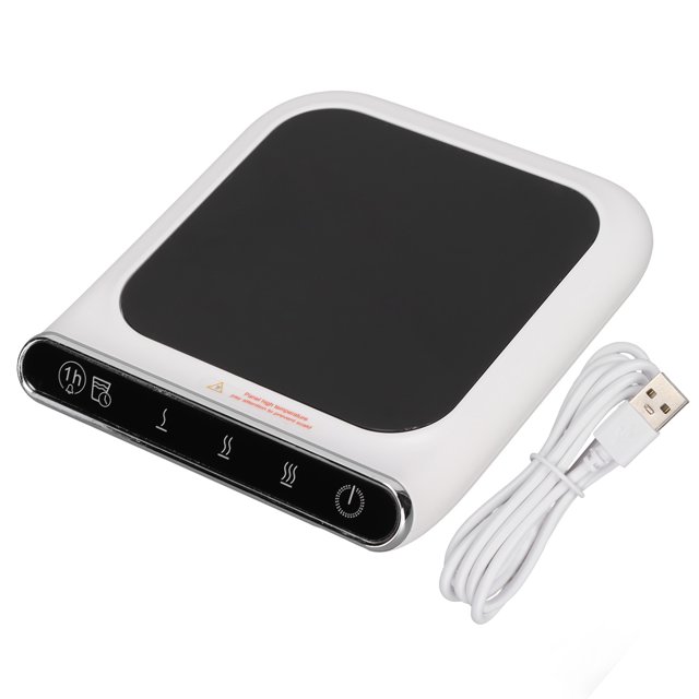 USB Cup Warmer, Mug Warmer Portable with 3 temperature settings for ceramic cups, designed for office use. Features a black heating surface with a white plastic frame, touch controls for temperature adjustment, and compatibility with ceramic, glass, and metal cups. Includes a USB data cable for power connection, ideal for use with computers or mobile power supplies.