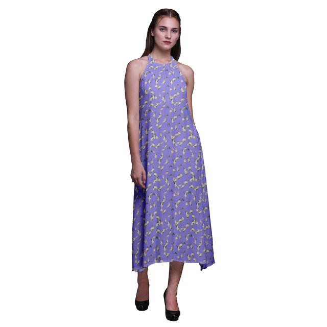 Bimba Floral Causal Long Backless Halter NeckDressWomen Printed BeachDress-X-Small