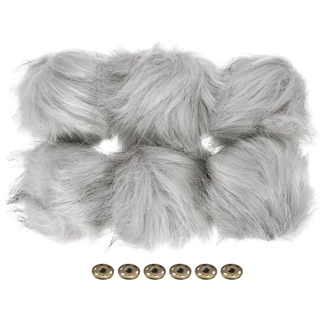 Unique Bargains Fluffy Soft Faux Fur Pom Poms for Hats with Snap Button, Grey 6Pack. This set features six grey faux fur pom poms, each measuring 11 cm (4.33 inches) in diameter, along with six bronze snap buttons for secure attachment. Crafted from soft, durable artificial fur, the pom poms are fluffy and comfortable to the touch. They are versatile for decorating hats, keychains, scarves, and bags, and are suitable for festive occasions like Christmas, New Year, and birthday parties. The snap button design ensures easy and secure attachment to various items.