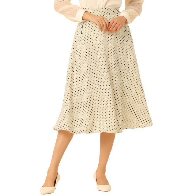 Unique Bargains Jupe Midi Vintage Évasée à Pois Rétro pour Femme, Taille Élastique, Abricot, P