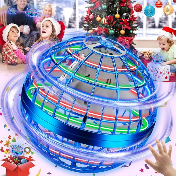 Hand Controlled Mini Flying Orb Toys with LED Light, a globe-shaped spinning flying ball in vibrant blue with multicolored LED lights. This hover ball is designed with a dense mesh structure for safety and durability, suitable for children aged 6 and above. The toy can float, glide, and return like a boomerang, offering endless fun. The image shows the orb in motion, surrounded by festive decorations, a Christmas tree, and children playing in the background.