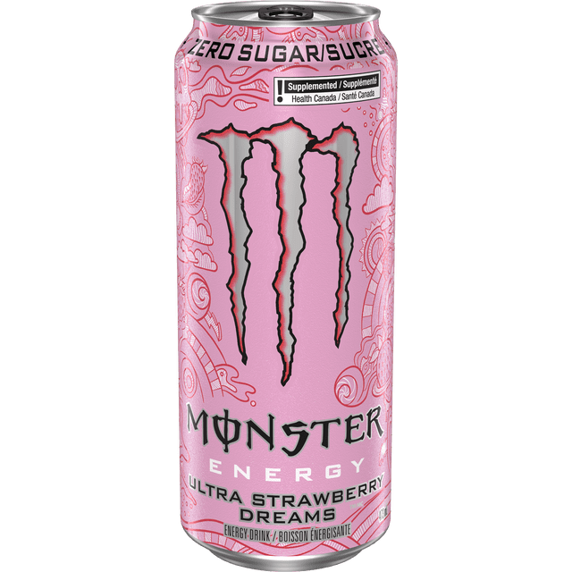 Monster Ultra Boisson Énergisante en Canette en Rose avec logo Griffe Argentée et Étiquette Zéro Sucre, Illustration Ligne Rouge Détaillée, Format 473 ml, Mise en Garde Supplémentaire Santé Canadienne Canada, Convient pour un Regain d'Énergie Faible en Calories