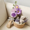 thumbnail image 2 of Paper Flower Bouquet Knitted Rose Yarn Handmade Simulated Flowers with Purple Crochet Roses and Green Leaves Wrapped in Newspaper-Style Paper and Checkered Ribbon, 2 of 5