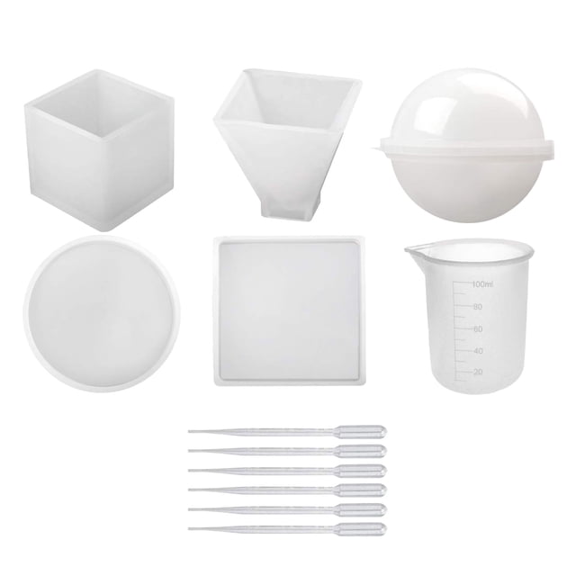 Silicone Molds for Resin Casting, a 5-piece set including sphere, square, and round epoxy resin molds, along with a 100ml silicone measuring cup and 5 plastic pipettes. Made of durable, flexible silicone for easy release and cleaning. Suitable for crafting cabochons, ornaments, and home decorations using epoxy resin, soap, or wax.