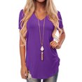 thumbnail image 3 of MAWCLOS Ladies Tee Solid Color T Shirt V Neck Tops Casual Holiday Short Sleeve Tunic Blouse Purple L, 3 of 6