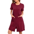 thumbnail image 1 of Besolor Robe de Pyjama à Manches Courtes pour Femmes, Fermeture Éclair, Col Ras du Cou, Été, Longueur Genou, Peignoirs, Chemise de Nuit avec Poches, 1 of 7