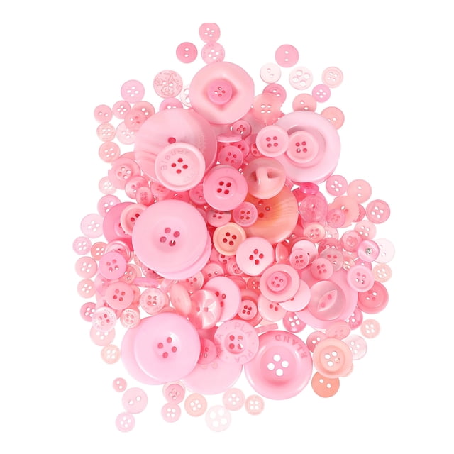 Miangastore 1 Set of Colored Resin Buttons for DIY sewing and craft making. The image shows a collection of pink resin buttons in various sizes and designs, ideal for sewing, knitting, scrapbooking, and decorative purposes. These durable buttons are made from high-grade resin and are suitable for button replacements or creative DIY projects.
