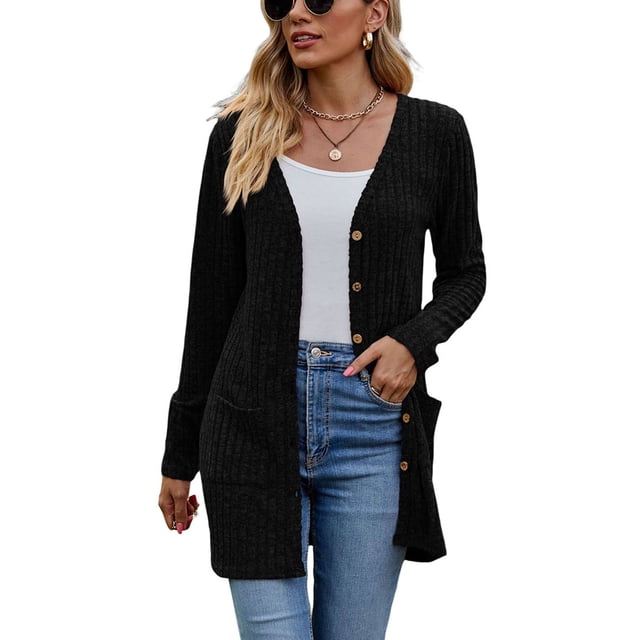 Diconna Women Fashion V-Neck Cardigan Solid Color Rib Long Sleeve Sweater Button-Down Fall Casual Soft Knit Coat in black. This women's cardigan features a ribbed texture, button closure, long sleeves, and two front pockets. Styled casually with a white tank top and blue jeans, ideal for fall wear.