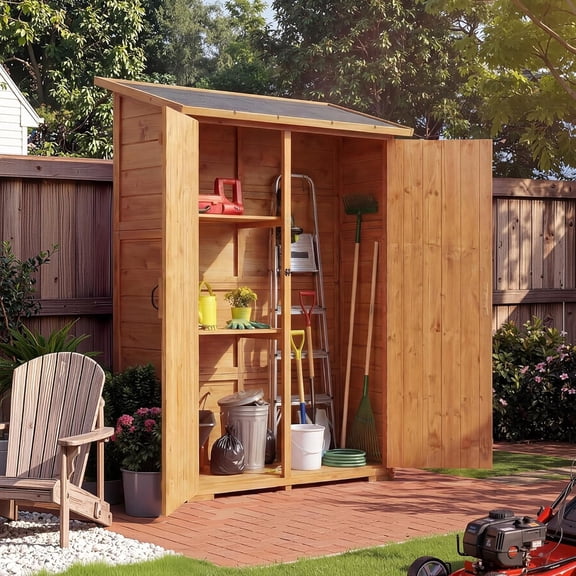 Remise de Jardin en Bois à 3 Niveaux avec 2 Portes et Plancher, Remises de Jardin de 64 Po de Hauteur avec 2 Tablettes et Portes Verrouillables, pour Patio, Cour Arrière, Terrasse