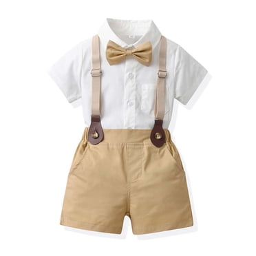 Zwiiyzr 2025 Costume Formel pour Tout-Petits Garçons Uniforme d'Écolier Costume Vêtements pour Bébé Salopette de Couleur Unie Mode pour Bébé Chemise à Manches Courtes avec Cravate Kaki