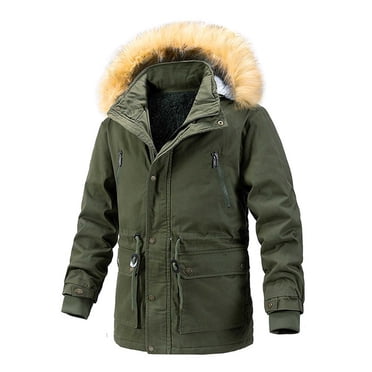 Penkiiy Men's Winter Cargo Work Jacket Fleece Lined Thicken Military Jacket with Removable Hood L Green
