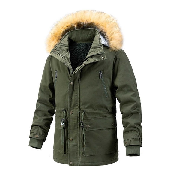 Penkiiy Men's Winter Cargo Work Jacket Fleece Lined Thicken Military Jacket with Removable Hood L Green