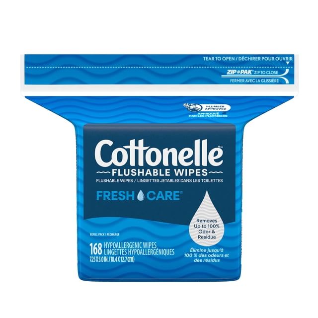 Cottonelle Fresh Care Lingettes Humides Jetables dans un Sac Refermable avec 168 Lingettes Hypoallergéniques, Emballage à Motif de Vagues Bleues Mesurant 7,25 par 5 Pouces, Approuvé par les Plombiers, Scellage à Glissière pour Fermer, Élimine jusqu'à 100 % des Odeurs et des Résidus, Sécuritaire pour Fosses Septiques et Convient à un Usage Quotidien.