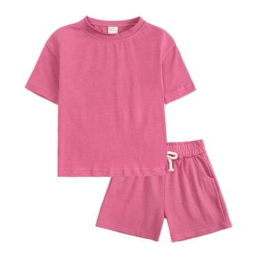 Luvoko Ensembles d'Été pour Petits Garçons, T-Shirts Fantaisie de Couleur Unie Shorts d'Été pour Garçons Chemise à Manches Courtes d'Été Garçons Bébé Décontracté (Rose Vif, 4-5 Ans)