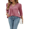 thumbnail image 4 of Blouses à Manches 3/4 Col en V pour Femmes Chemise Boutonnée Printemps Ample Décontractée Mode Urbaine, 4 of 7