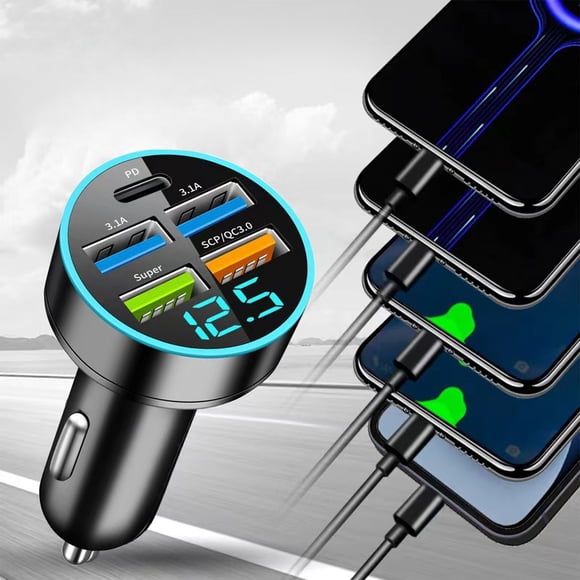 Suncoda Automobile Charge, New Digital Car Charger 4Usb 66W Fast Charging Pd Mobile Phone Charging Head One to Four with Car Charger