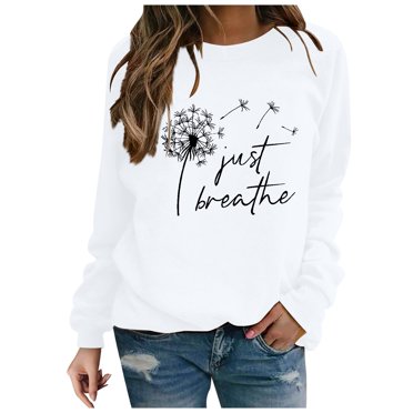 Amzcrzy Womens Plus Size Tops Crewneck Just Breathe Letter Long Sleeve Sweatshirts Dandelion Graphic Tops Casual Loose Fit Pullover Shirts S-5XL