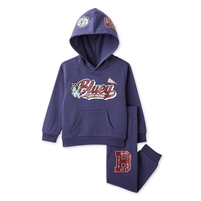 Bluey Ensemble à Capuchon 2 Pcs pour Tout-Petits Garçons en Tricot Polaire Bleu Comprenant un Chandail à Capuchon à Manches Longues avec Poche Kangourou avant, des Poignets et un Ourlet Côtelés, et un Grand Imprimé Graphique Bluey avec Texte « Let's Do This ». Pantalons de Jogging Assortis Ont une Taille Élastiquée, des Poignets Côtelés et un Graphique Bluey Coordonné sur la Jambe Gauche. Idéal pour les Chandails et joggers pour Tout-Petits Garçons pour Rester au Chaud pendant le Jeu.