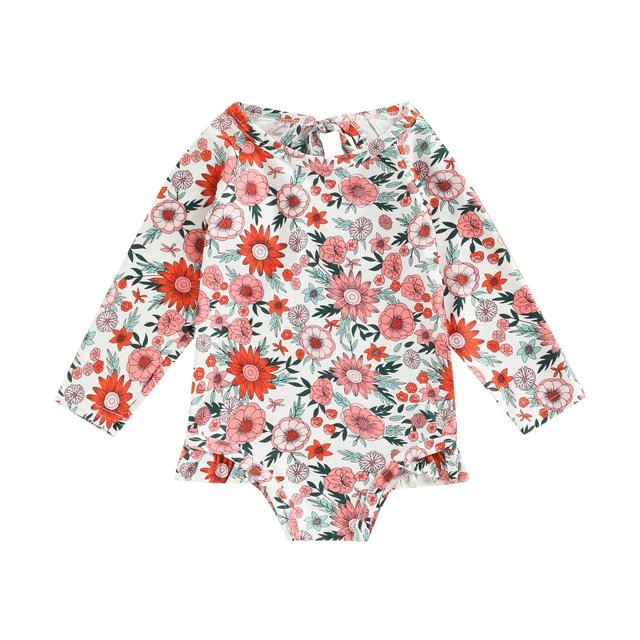 Maillot de Bain Fille 1-6 Ans Manches Longues Col à Volants Tenue de Plage pour Enfants