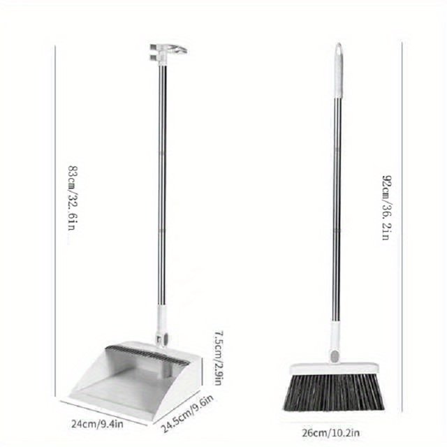 1set Rotatable Broom Set by GRM, featuring a two-piece dustpan and broom combination. The dustpan is foldable with a 32.6-inch (83 cm) handle, while the broom has a 36.2-inch (92 cm) handle. Both handles are made of durable plastic, suitable for cleaning living rooms, bedrooms, and floors. The broom has soft bristles, and the dustpan measures 9.4 inches (24 cm) wide. Ideal for household sweeping and dusting tasks.
