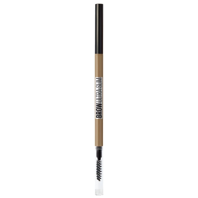 Maybelline New York Ultra Slim Defining Eyebrow Pencil with a beige slim barrel and black cap, featuring a 1.5mm precision tip and built-in spoolie brush with clear cover, ideal for creating precise, natural hair-like eyebrow strokes and suitable for detailed eyebrow grooming.