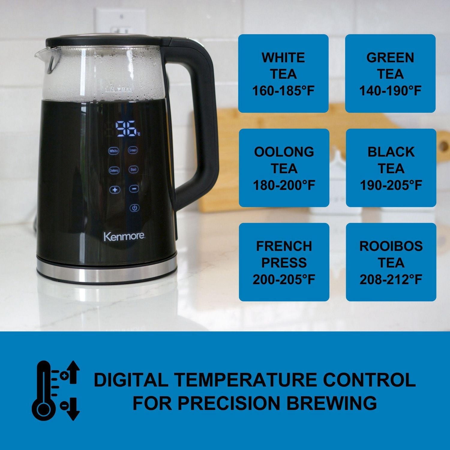 Kenmore 1.7L Electric Kettle Portable Electric Glass Kettle with Temperature Control Digital Display, Lid Glass Electric Kettle, Black