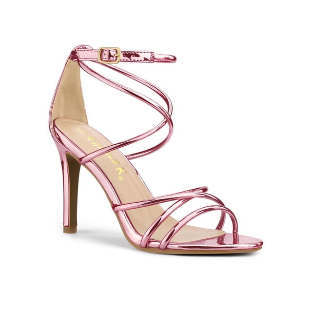 BLISSFUL STEP Women's Open Toe Strappy Straps Prom Stiletto Heels Sandals Pink 7