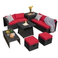 thumbnail image 2 of Costway Ensemble de Mobilier de Terrasse en Rotin 9 Pcs avec Foyer, Gain de Place, avec Housse, Coussin Rouge, 2 of 10