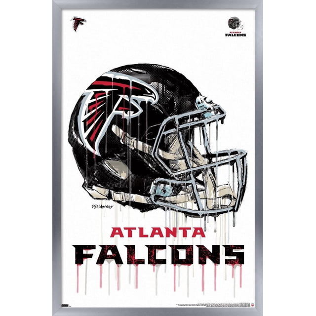 NFL Atlanta Falcons - Affiche Murale Drip Helmet 20, 22,375 Pouces x 34 Pouces Mettant en Vedette un Casque de football Noir Orienté vers l'Avant avec le logo des Atlanta Falcons en Rouge, Blanc et Noir. le Casque a un Effet de Peinture Goutte à Goutte et un Protège-Visage Détaillé sur un Fond Blanc avec Texte Audacieux « Atlanta Falcons » Rouge et Noir Ci-Dessous. Convient à la Déco Murale à Thème Sportif dans les Ch
