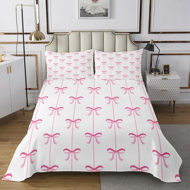 Erosebridal Girly Pink Bowknot Coverlet Set Twin, Cute Princess Bedding Set, Ribbon Decor 2 Pieces