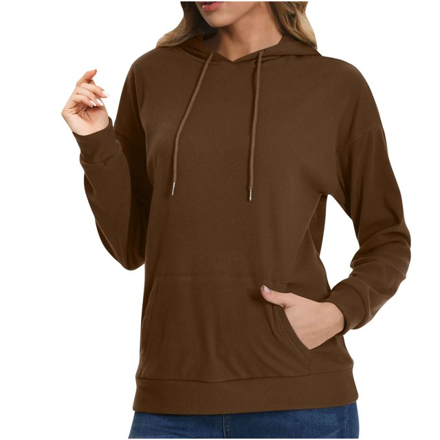 Swstbby Liquidation d'Automne! Hauts d'Automne pour Femmes Grande Taille, Chandail à Capuche à Manches Longues Col Rond Couleur Unie Café m