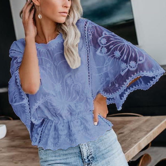 Weiqiqre Hauts pour Femmes Tendance Manches Courtes Col Rond Dentelle Blouse Transparente à Imprimé Floral 3D Hauts