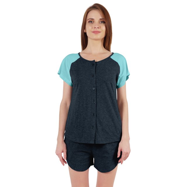 Inkmeso Solid 2 Pc Nightwear Set For Women Raglan Sleeves Button-Down Top & Shorts Sleepwear-23