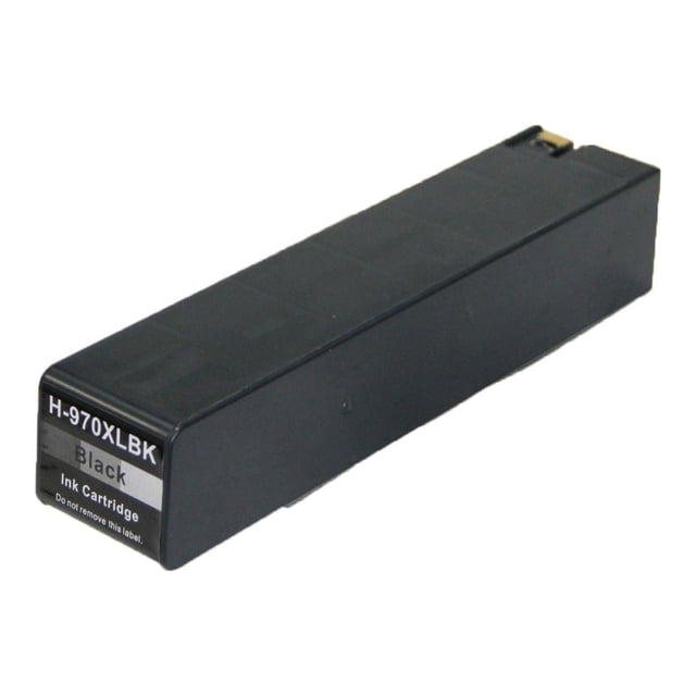 L-ink Compatible HP 970XL Black High Yield Ink Cartridge (CN625AM) shown in a front angled view, rectangular black plastic cartridge labeled H-970XLBK Black Ink Cartridge, compatible with Officejet Pro X451dn and X476dn printers, ISO certified for quality and efficiency, offering 1000 page yield and clear, crisp print quality.