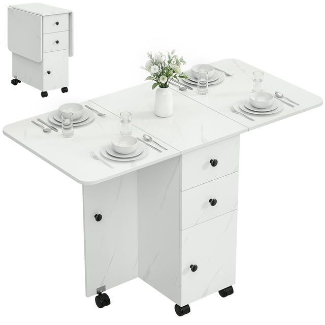 HOMCOM Table à Manger Pliable, Table à Abattants sur Roulettes, Marbre Blanc