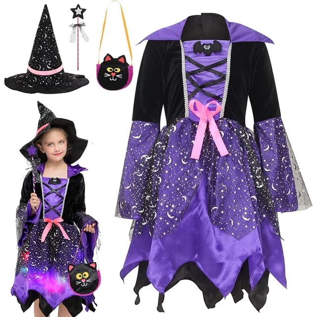 PMVFHDE Girl Wedding Dress Girls Light Up Witch Set Party Fancy Dress Up with Hat, Fairy Stick, and Tote Bag. This Halloween costume includes a black and purple witch dress with star and moon patterns, a matching witch hat, a light-up star wand, and a cat-themed tote bag with a vibrant design. Made of 95% polyester, the dress features long sleeves, a lace-up bodice, and a pink bow accent. Available in sizes for ages 3-12 years. Perfect for parties, role play, stage performances, and Halloween celebrations.