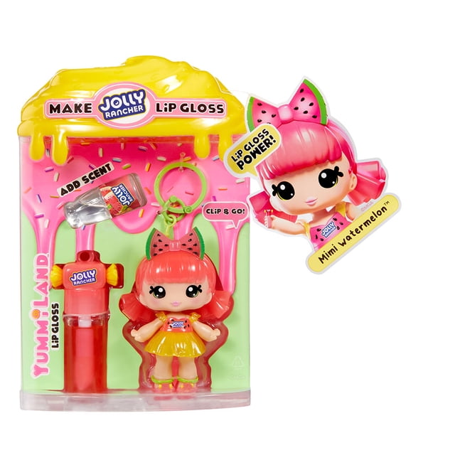 Yummiland x Licensed Sweets Lip Gloss Doll: JOLLY RANCHER Mimi Watermelon doll with pink hair and watermelon bow, includes DIY lip gloss kit with red base, Jolly Rancher scent, stirring spoon, and green keychain for on-the-go use in bright packaging.