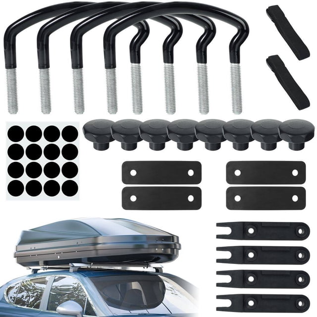 4PCS Roof Box U-Bolt Clamps, Universal Metal Rooftop Cargo Carrier Rack Bolts with 85mm internal width, shown with included accessories such as plastic back plates, rubber gaskets, lock nuts, bandages, and hole sealing stickers. Ideal for car customization and securing roof boxes with durable metal and plastic materials.