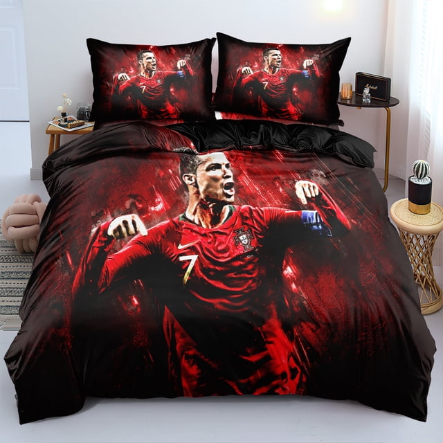 Football Star Bedding Set Of Three, Microfiber, Duvet Cover, Suitable For Boys And Girls Football Fans-SinKeeU