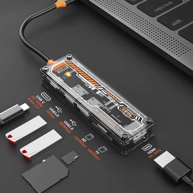 PEONAVET Usb Hub Usb Hub Type C Hub Docking Station Multi-function USB3.0 Hub Support HDMI 4K30HZ + PD3.0 100W Fast Charge+ Secure Digital Card and T-Flash Card Data Reading