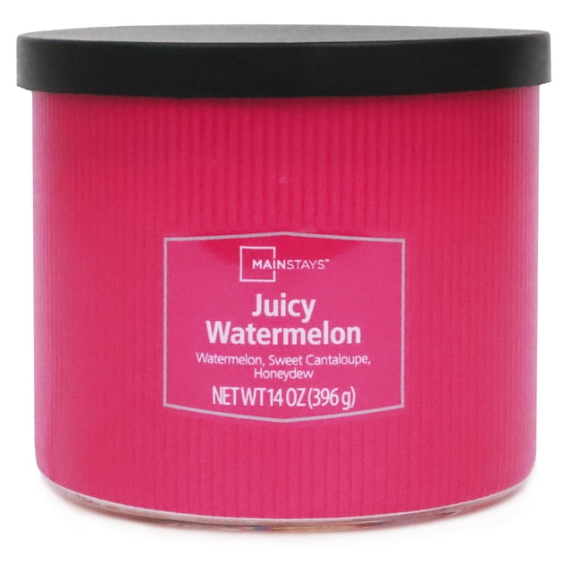 Mainstays 3-Wick Textured Wrapped Juicy Watermelon Scented Candle, 14 oz, in a bright pink ribbed glass jar with a black lid and white label listing watermelon, sweet cantaloupe, and honeydew scents, suitable for home décor and relaxation.