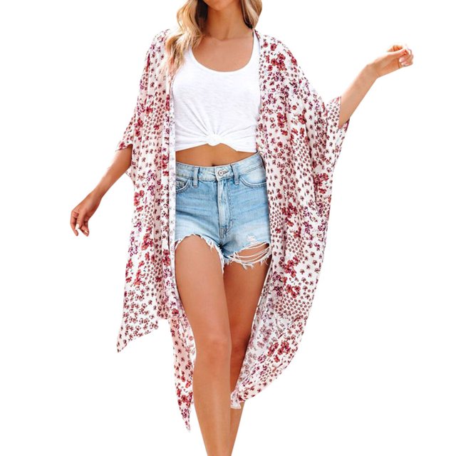 Ladies Summer Vacation Beach Sunscreen Loose Chiffon Print Cardigan Blouse Jacket